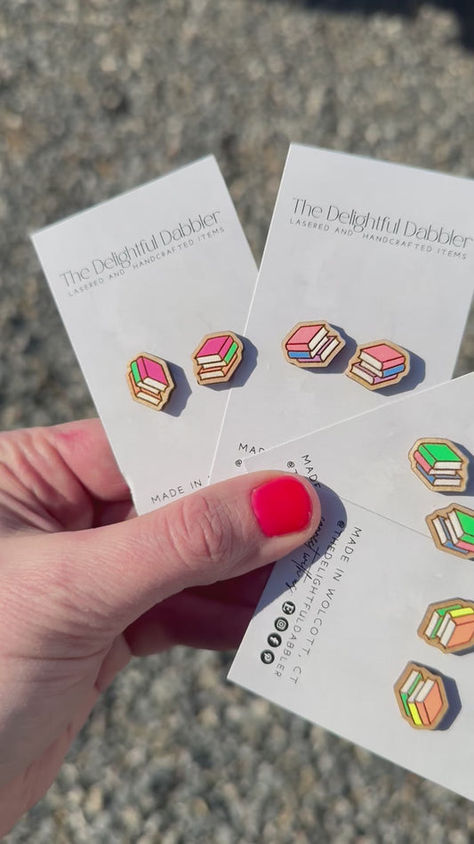 Book Stack Lasercut Wood Earrings - Winter Colors